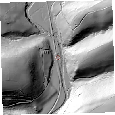 Shaded relief map of the ground around TQ74DS, computed from Environment Agency LiDAR. The ground here sits at about 29 m above sea level and falls 100 m across the surrounding 800 m. Surface water reaching this point runs off ground lying to the west-south-west, 62.7 m higher.
