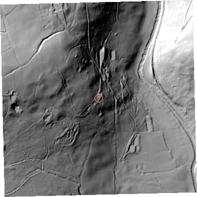 Shaded relief map of the ground around TQ74EB, computed from Environment Agency LiDAR. The ground here sits at about 102 m above sea level and falls 148 m across the surrounding 800 m. Surface water reaching this point runs off ground lying to the west-north-west, 65.2 m higher.