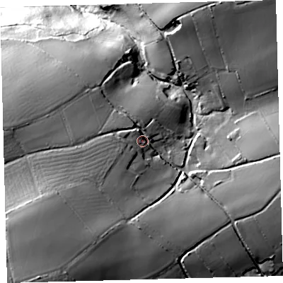 Shaded relief map of the ground around TQ74HA, computed from Environment Agency LiDAR. The ground here sits at about 104 m above sea level and falls 66 m across the surrounding 800 m. Surface water reaching this point runs off ground lying to the south-west, 8.8 m higher.