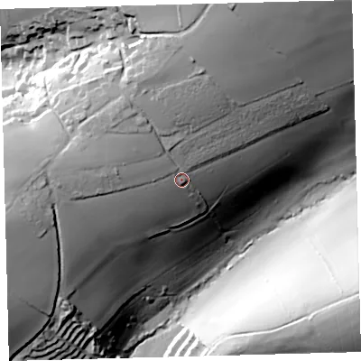 Shaded relief map of the ground around TQ74HN, computed from Environment Agency LiDAR. The ground here sits at about 62 m above sea level and falls 81 m across the surrounding 800 m. Surface water reaching this point runs off ground lying to the north-west, 19.7 m higher.