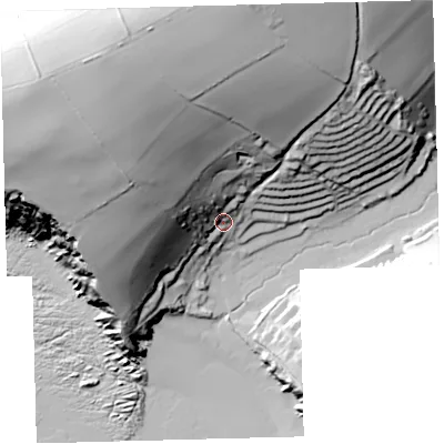 Shaded relief map of the ground around TQ74HT, computed from Environment Agency LiDAR. The ground here sits at about 17 m above sea level and falls 85 m across the surrounding 800 m. Surface water reaching this point runs off ground lying to the north-west, 65.8 m higher.
