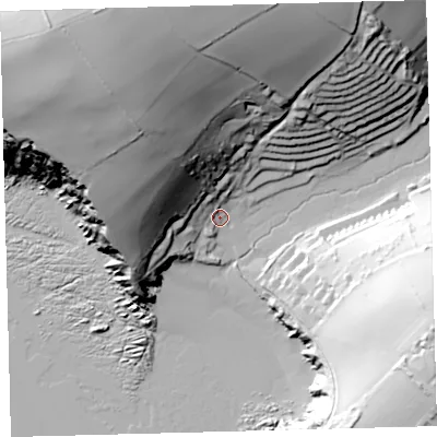 Shaded relief map of the ground around TQ74HU, computed from Environment Agency LiDAR. The ground here sits at about 8 m above sea level and falls 86 m across the surrounding 800 m. Surface water reaching this point runs off ground lying to the north-west, 77.4 m higher.