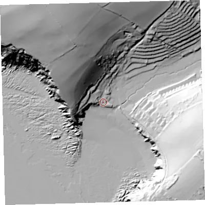 Shaded relief map of the ground around TQ74HZ, computed from Environment Agency LiDAR. The ground here sits at about 7 m above sea level and falls 85 m across the surrounding 800 m. Surface water reaching this point runs off ground lying to the north-west, 76.7 m higher.