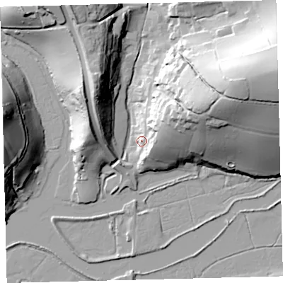 Shaded relief map of the ground around TQ74JL, computed from Environment Agency LiDAR. The ground here sits at about 9 m above sea level and falls 54 m across the surrounding 800 m. Surface water reaching this point runs off ground lying to the east-north-east, 30.6 m higher.