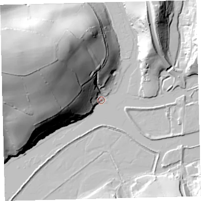 Shaded relief map of the ground around TQ74JN, computed from Environment Agency LiDAR. The ground here sits at about 3 m above sea level and falls 84 m across the surrounding 800 m. Surface water reaching this point runs off ground lying to the west-north-west, 82.2 m higher.