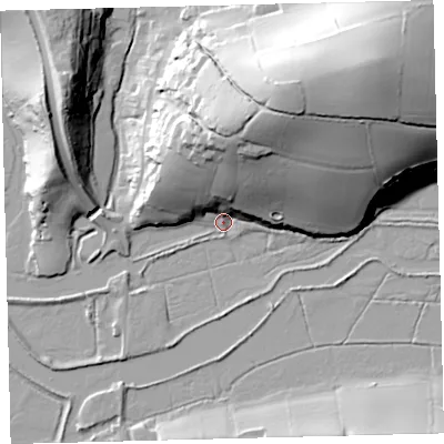 Shaded relief map of the ground around TQ74JW, computed from Environment Agency LiDAR. The ground here sits at about 4 m above sea level and falls 56 m across the surrounding 800 m. Surface water reaching this point runs off ground lying to the north, 34.8 m higher.