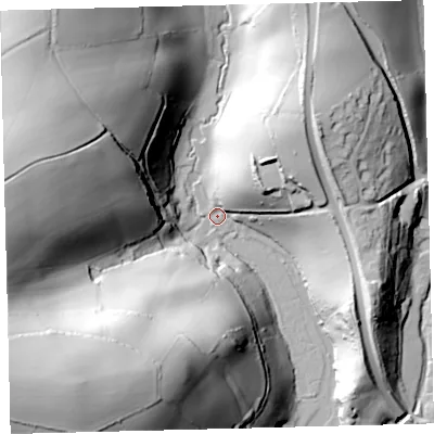 Shaded relief map of the ground around TQ74LH, computed from Environment Agency LiDAR. The ground here sits at about 3 m above sea level and falls 83 m across the surrounding 800 m. Surface water reaching this point runs off ground lying to the south-west, 83.1 m higher.