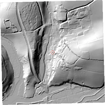 Shaded relief map of the ground around TQ74LR, computed from Environment Agency LiDAR. The ground here sits at about 8 m above sea level and falls 56 m across the surrounding 800 m. Surface water reaching this point runs off ground lying to the east-south-east, 33.8 m higher.