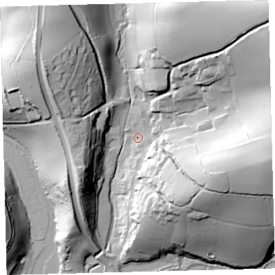 Shaded relief map of the ground around TQ74LS, computed from Environment Agency LiDAR. The ground here sits at about 4 m above sea level and falls 56 m across the surrounding 800 m. Surface water reaching this point runs off ground lying to the north-east, 55.5 m higher.