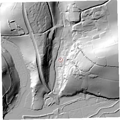 Shaded relief map of the ground around TQ74LY, computed from Environment Agency LiDAR. The ground here sits at about 4 m above sea level and falls 54 m across the surrounding 800 m. Surface water reaching this point runs off ground lying to the east, 53.0 m higher.