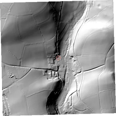 Shaded relief map of the ground around TQ74NB, computed from Environment Agency LiDAR. The ground here sits at about 17 m above sea level and falls 94 m across the surrounding 800 m. Surface water reaching this point runs off ground lying to the north-north-west, 86.2 m higher.