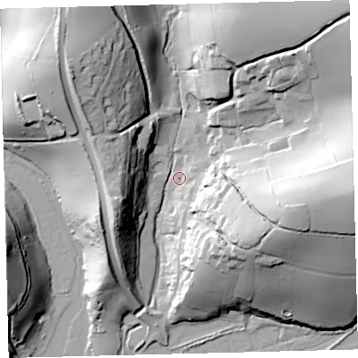 Shaded relief map of the ground around TQ74NP, computed from Environment Agency LiDAR. The ground here sits at about 4 m above sea level and falls 55 m across the surrounding 800 m. Surface water reaching this point runs off ground lying to the east, 54.4 m higher.