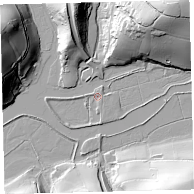 Shaded relief map of the ground around TQ74NT, computed from Environment Agency LiDAR. The ground here sits at about 2 m above sea level and falls 51 m across the surrounding 800 m. Surface water reaching this point runs off ground lying to the south, 2.6 m higher.