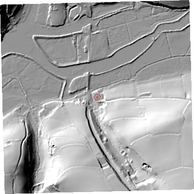 Shaded relief map of the ground around TQ74NU, computed from Environment Agency LiDAR. The ground here sits at about 5 m above sea level and falls 75 m across the surrounding 800 m. Surface water reaching this point runs off ground lying to the south-east, 72.6 m higher.