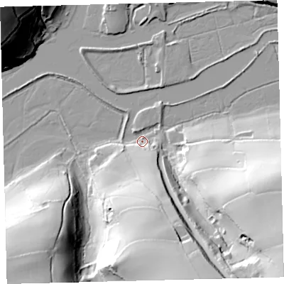 Shaded relief map of the ground around TQ74NX, computed from Environment Agency LiDAR. The ground here sits at about 4 m above sea level and falls 68 m across the surrounding 800 m. Surface water reaching this point runs off ground lying to the south-south-east, 55.7 m higher.
