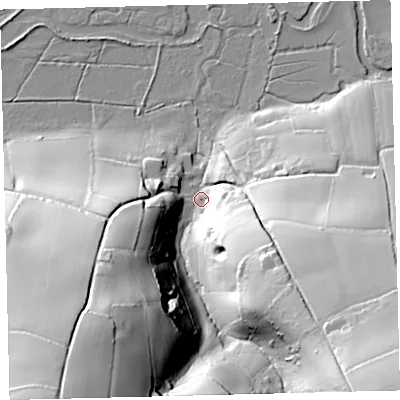Shaded relief map of the ground around TQ74NY, computed from Environment Agency LiDAR. The ground here sits at about 7 m above sea level and falls 79 m across the surrounding 800 m. Surface water reaching this point runs off ground lying to the south-south-west, 73.3 m higher.