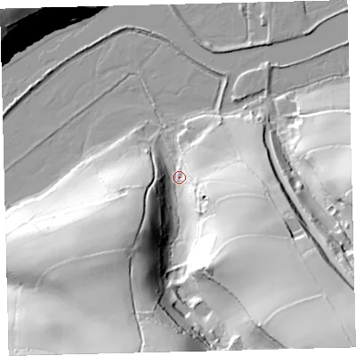 Shaded relief map of the ground around TQ74PA, computed from Environment Agency LiDAR. The ground here sits at about 7 m above sea level and falls 80 m across the surrounding 800 m. Surface water reaching this point runs off ground lying to the south-east, 74.7 m higher.