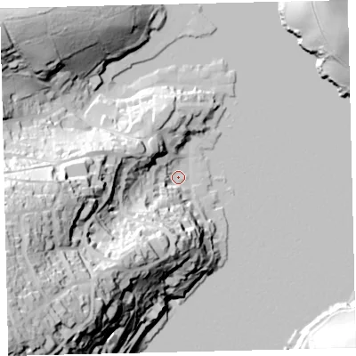 Shaded relief map of the ground around TQ88BS, computed from Environment Agency LiDAR. The ground here sits at about 4 m above sea level and falls 93 m across the surrounding 800 m. Surface water reaching this point runs off ground lying to the south-west, 91.7 m higher.