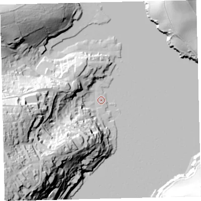 Shaded relief map of the ground around TQ88BT, computed from Environment Agency LiDAR. The ground here sits at about 3 m above sea level and falls 87 m across the surrounding 800 m. Surface water reaching this point runs off ground lying to the south-west, 84.7 m higher.