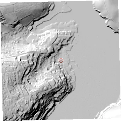 Shaded relief map of the ground around TQ88BU, computed from Environment Agency LiDAR. The ground here sits at about 3 m above sea level and falls 91 m across the surrounding 800 m. Surface water reaching this point runs off ground lying to the south-west, 89.8 m higher.