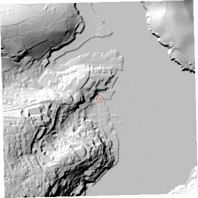 Shaded relief map of the ground around TQ88BY, computed from Environment Agency LiDAR. The ground here sits at about 3 m above sea level and falls 88 m across the surrounding 800 m. Surface water reaching this point runs off ground lying to the south-west, 86.7 m higher.