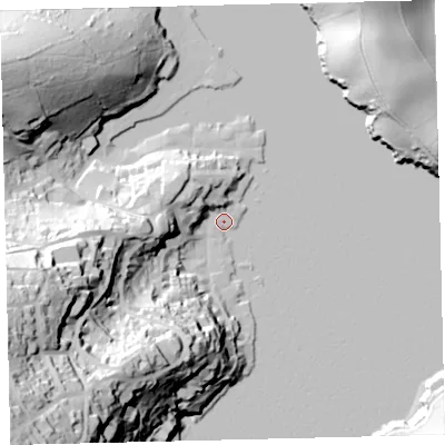 Shaded relief map of the ground around TQ88BZ, computed from Environment Agency LiDAR. The ground here sits at about 3 m above sea level and falls 84 m across the surrounding 800 m. Surface water reaching this point runs off ground lying to the north-west, 11.6 m higher.
