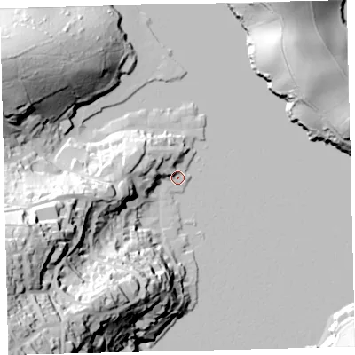 Shaded relief map of the ground around TQ88DA, computed from Environment Agency LiDAR. The ground here sits at about 3 m above sea level and falls 82 m across the surrounding 800 m. Surface water reaching this point runs off ground lying to the west-north-west, 14.5 m higher.