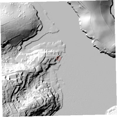 Shaded relief map of the ground around TQ88DB, computed from Environment Agency LiDAR. The ground here sits at about 3 m above sea level and falls 77 m across the surrounding 800 m. Surface water reaching this point runs off ground lying to the west-south-west, 14.4 m higher.