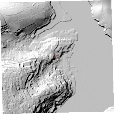 Shaded relief map of the ground around TQ88DE, computed from Environment Agency LiDAR. The ground here sits at about 10 m above sea level and falls 93 m across the surrounding 800 m. Surface water reaching this point runs off ground lying to the west, 22.7 m higher.
