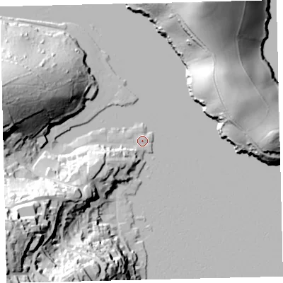 Shaded relief map of the ground around TQ88DN, computed from Environment Agency LiDAR. The ground here sits at about 3 m above sea level and falls 66 m across the surrounding 800 m. Surface water reaching this point runs off ground lying to the south-south-west, 1.8 m higher.