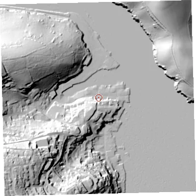Shaded relief map of the ground around TQ88DP, computed from Environment Agency LiDAR. The ground here sits at about 3 m above sea level and falls 82 m across the surrounding 800 m. Surface water reaching this point runs off ground lying to the south-south-west, 16.6 m higher.