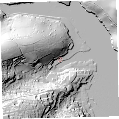 Shaded relief map of the ground around TQ88DU, computed from Environment Agency LiDAR. The ground here sits at about 4 m above sea level and falls 84 m across the surrounding 800 m. Surface water reaching this point runs off ground lying to the south-west, 84.1 m higher.