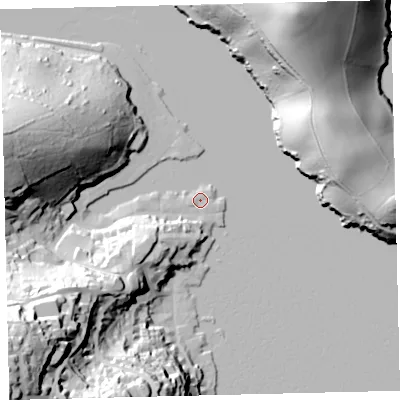 Shaded relief map of the ground around TQ88DW, computed from Environment Agency LiDAR. The ground here sits at about 3 m above sea level and falls 69 m across the surrounding 800 m. Surface water reaching this point runs off ground lying to the south, 2.2 m higher.