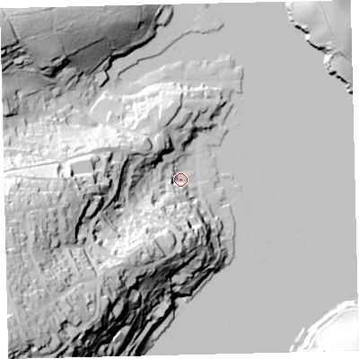 Shaded relief map of the ground around TQ88EN, computed from Environment Agency LiDAR. The ground here sits at about 4 m above sea level and falls 95 m across the surrounding 800 m. Surface water reaching this point runs off ground lying to the south-west, 92.9 m higher.