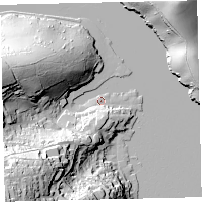 Shaded relief map of the ground around TQ88FE, computed from Environment Agency LiDAR. The ground here sits at about 4 m above sea level and falls 84 m across the surrounding 800 m. Surface water reaching this point runs off ground lying to the south, 16.3 m higher.