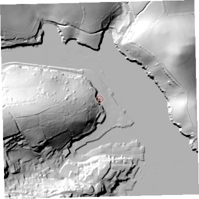 Shaded relief map of the ground around TQ88FQ, computed from Environment Agency LiDAR. The ground here sits at about 4 m above sea level and falls 57 m across the surrounding 800 m. Surface water reaching this point runs off ground lying to the west-south-west, 34.0 m higher.