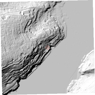 Shaded relief map of the ground around TQ88JQ, computed from Environment Agency LiDAR. The ground here sits at about 17 m above sea level and falls 101 m across the surrounding 800 m. Surface water reaching this point runs off ground lying to the west-south-west, 95.3 m higher.