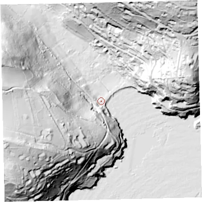 Shaded relief map of the ground around TQ88LD, computed from Environment Agency LiDAR. The ground here sits at about 5 m above sea level and falls 111 m across the surrounding 800 m. Surface water reaching this point runs off ground lying to the south-west, 67.3 m higher.