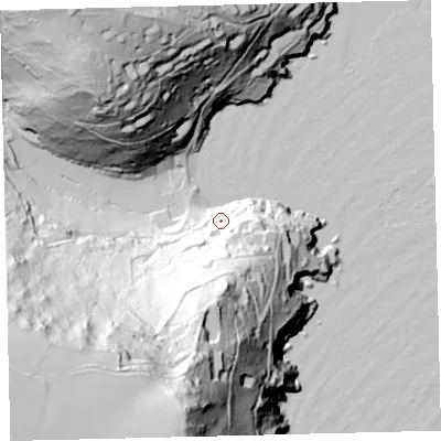 Shaded relief map of the ground around TQ88LL, computed from Environment Agency LiDAR. The ground here sits at about 17 m above sea level and falls 129 m across the surrounding 800 m. Surface water reaching this point runs off ground lying to the south, 57.2 m higher.