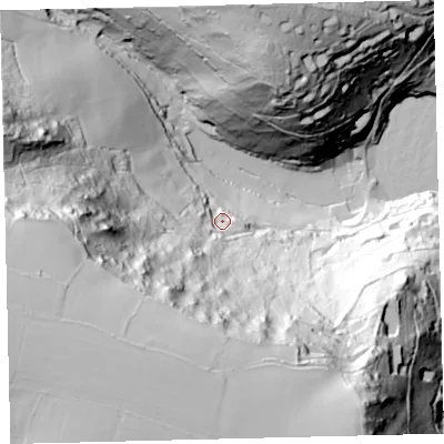 Shaded relief map of the ground around TQ88LN, computed from Environment Agency LiDAR. The ground here sits at about 28 m above sea level and falls 130 m across the surrounding 800 m. Surface water reaching this point runs off ground lying to the south-west, 108.0 m higher.