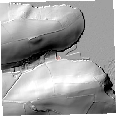 Shaded relief map of the ground around TQ88NQ, computed from Environment Agency LiDAR. The ground here sits at about 3 m above sea level and falls 64 m across the surrounding 800 m. Surface water reaching this point runs off ground lying to the south-south-west, 62.5 m higher.