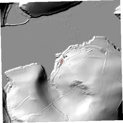 Shaded relief map of the ground around TQ88PA, computed from Environment Agency LiDAR. The ground here sits at about 16 m above sea level and falls 89 m across the surrounding 800 m. Surface water reaching this point runs off ground lying to the south-east, 70.8 m higher.