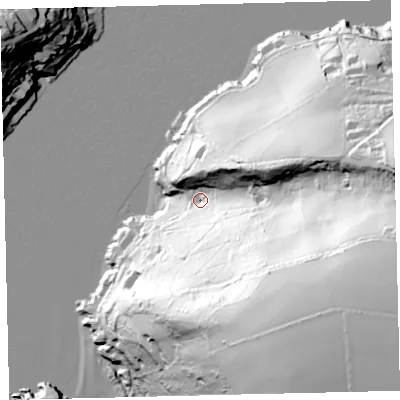 Shaded relief map of the ground around TQ88PU, computed from Environment Agency LiDAR. The ground here sits at about 17 m above sea level and falls 124 m across the surrounding 800 m. Surface water reaching this point runs off ground lying to the south-east, 110.9 m higher.
