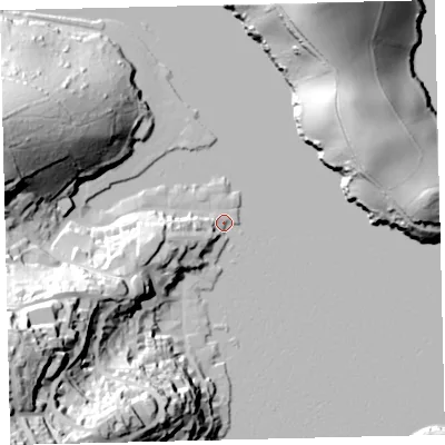 Shaded relief map of the ground around TQ88QD, computed from Environment Agency LiDAR. The ground here sits at about 3 m above sea level and falls 70 m across the surrounding 800 m. Surface water reaching this point runs off ground lying to the west-south-west, 17.6 m higher.