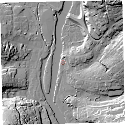 Shaded relief map of the ground around TQ95AA, computed from Environment Agency LiDAR. The ground here sits at about 4 m above sea level and falls 64 m across the surrounding 800 m. Surface water reaching this point runs off ground lying to the south-west, 63.9 m higher.
