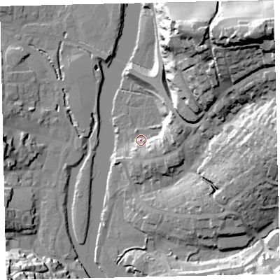 Shaded relief map of the ground around TQ95AG, computed from Environment Agency LiDAR. The ground here sits at about 5 m above sea level and falls 60 m across the surrounding 800 m. Surface water reaching this point runs off ground lying to the south-east, 7.8 m higher.