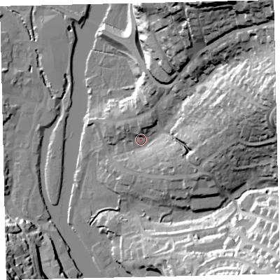Shaded relief map of the ground around TQ95AJ, computed from Environment Agency LiDAR. The ground here sits at about 7 m above sea level and falls 56 m across the surrounding 800 m. Surface water reaching this point runs off ground lying to the north-east, 47.0 m higher.
