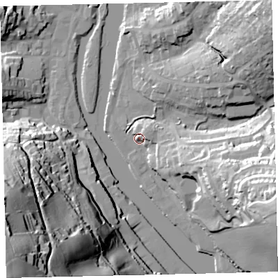 Shaded relief map of the ground around TQ95AL, computed from Environment Agency LiDAR. The ground here sits at about 5 m above sea level and falls 92 m across the surrounding 800 m. Surface water reaching this point runs off ground lying to the east-north-east, 4.7 m higher.