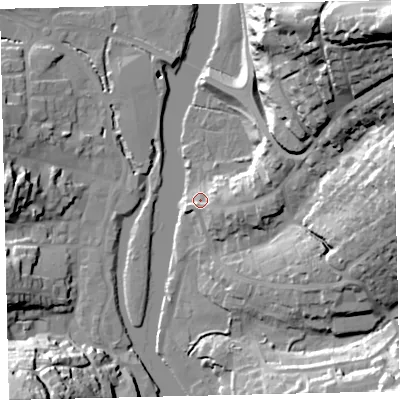 Shaded relief map of the ground around TQ95AQ, computed from Environment Agency LiDAR. The ground here sits at about 5 m above sea level and falls 60 m across the surrounding 800 m. Surface water reaching this point runs off ground lying to the east-north-east, 9.5 m higher.