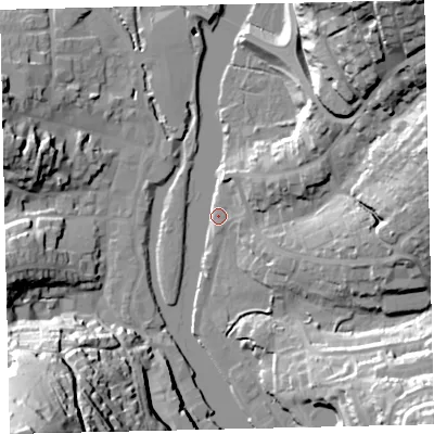 Shaded relief map of the ground around TQ95BY, computed from Environment Agency LiDAR. The ground here sits at about 3 m above sea level and falls 72 m across the surrounding 800 m. Surface water reaching this point runs off ground lying to the south-west, 72.2 m higher.